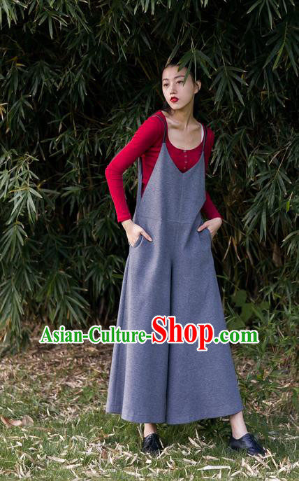 Traditional Classic Women Costumes, Traditional Classic Gray Leisure More Concise Design Leather Cashmere Jumpsuits Wide-Legged Pants