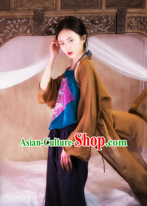 Traditional Classic Women Costumes, Traditional Classic Brown Silk Gauze Chinese Hanfu Cardigan Long Shawl