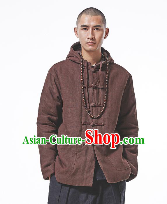 Chinese Hooded Cotton Linen Double-Breasted Tang Suit Plate Buttons Costumes, Chinese Style Ancient Thick Cotton-Padded Jacket Hanfu Male Winter Coat