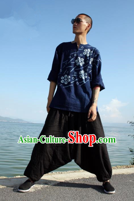 Traditional Chinese Linen Tang Suit Trousers, Chinese Ancient Costumes, Flax Nepal Big Fork Kuadang Pants Crotch Trousers Yoga Pants
