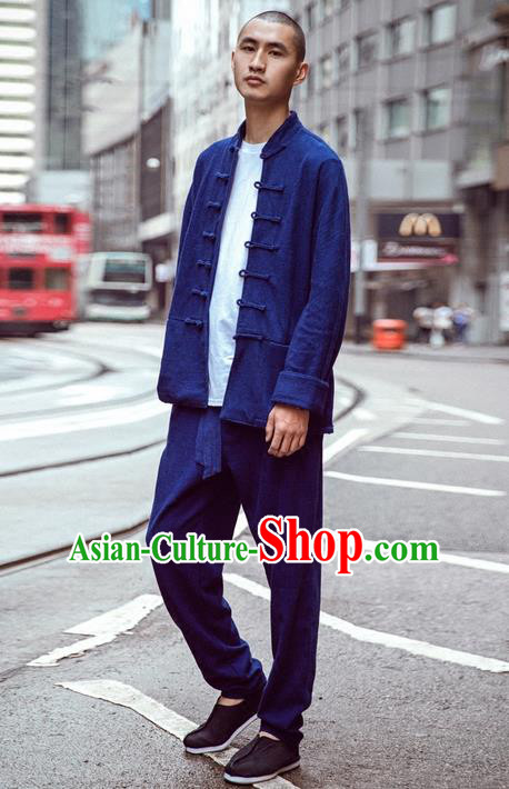Traditional Chinese Linen Tang Suit Men Long Sleeve Overcoat, Chinese Ancient Costumes Linen Short Coat for Men