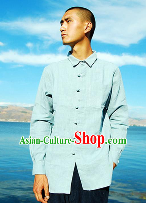 Traditional Chinese Linen Tang Suit Men Costumes Blouse, Chinese Ancient Tunic Suit Twist buttons Long Sleeved Shirt for Men