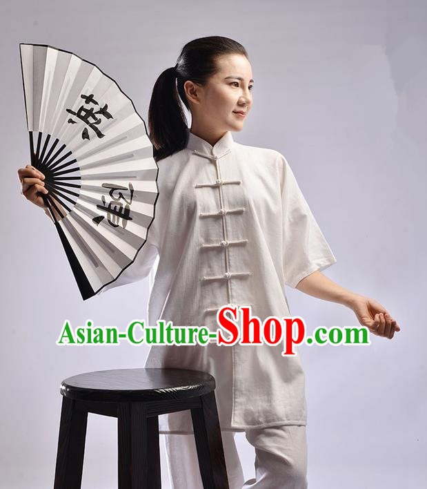 Traditional Chinese Linen Kung Fu Short Sleeve Costume Martial Arts Kung Fu Training Uniform Tang Suit Gongfu Shaolin Wushu Clothing Tai Chi Taiji Teacher Suits Uniforms for Women