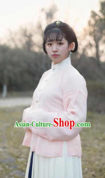 Traditional Chinese Ming Dynasty Young Lady Embroidered Costume Pink Cotton-Padded Jacket, Asian China Ancient Hanfu Blouse for Women
