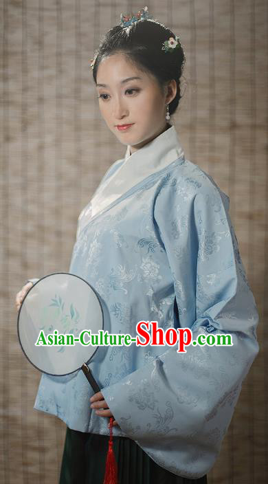 Traditional Chinese Ming Dynasty Young Lady Embroidered Costume Blue Silk Jacket, Asian China Ancient Hanfu Blouse for Women