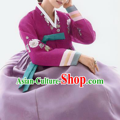 Traditional Korean Costumes Bride Wedding Purple Blouse and Silk Dress, Korea Hanbok Princess Court Embroidered Clothing for Women