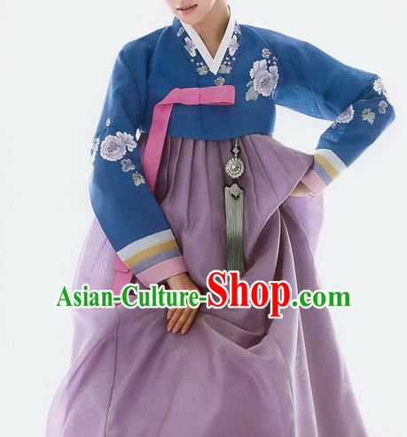 Traditional Korean Costumes Bride Wedding Deep Blue Blouse and Purple Silk Dress, Korea Hanbok Princess Court Embroidered Clothing for Women