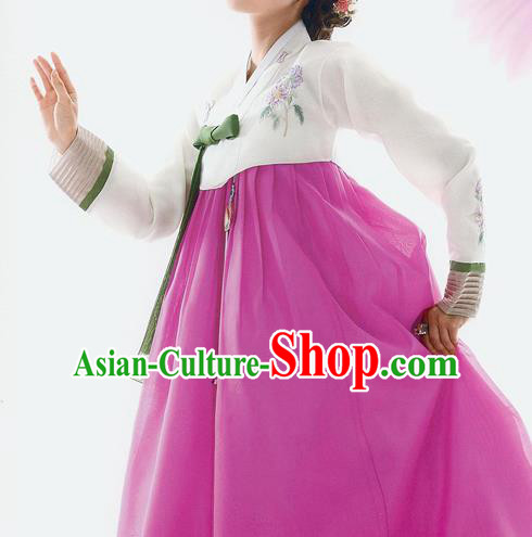 Traditional Korean Costumes Bride Wedding White Blouse and Pink Silk Dress, Korea Hanbok Princess Court Embroidered Clothing for Women