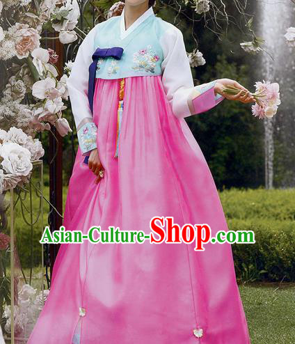 Traditional Korean Costumes Princess Green Blouse and Pink Dress, Asian Korea Hanbok Court Embroidered Clothing for Women
