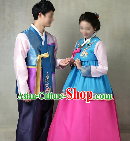 Traditional Korean Costumes Bridegroom and Bride Formal Attire Ceremonial Clothes, Korea Court Embroidered Wedding Clothing for Men for Women