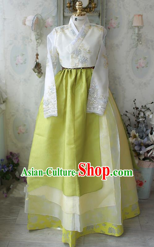 Traditional Korean Costumes Imperial Palace Lady Wedding White Blouse and Green Dress, Asian Korea Hanbok Court Bride Embroidered Clothing for Women
