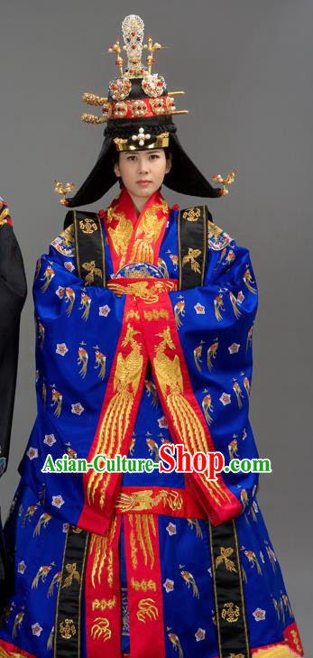 Traditional Korean Costumes Bride Formal Attire Ceremonial Queen Blue Full Dress, Korea Court Embroidered Wedding Clothing for Women