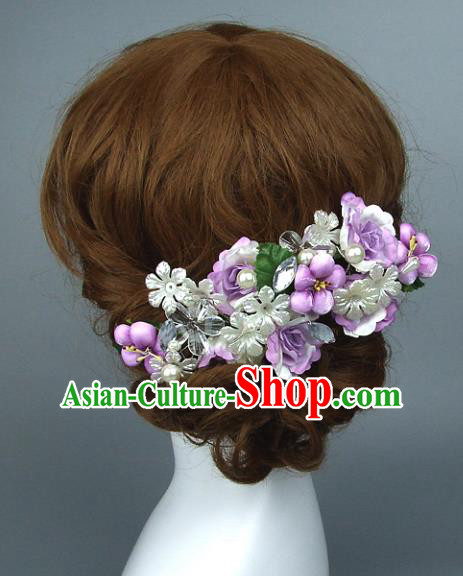 Top Grade Handmade Wedding Hair Accessories Purple Flowers Hair Stick, Baroque Style Bride Headwear for Women