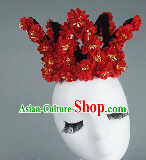 Top Grade Handmade Princess Hair Accessories Model Show Red Flowers Royal Crown, Baroque Style Bride Deluxe Headwear for Women