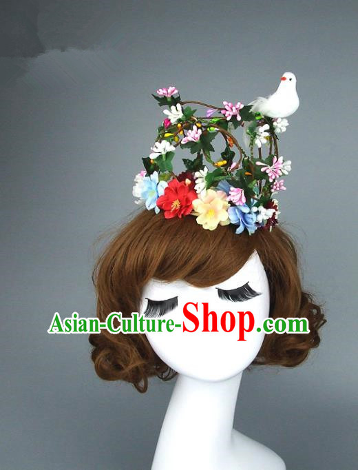 Top Grade Handmade Princess Hair Accessories Model Show Rattan Pigeon Royal Crown, Baroque Style Bride Deluxe Headwear for Women