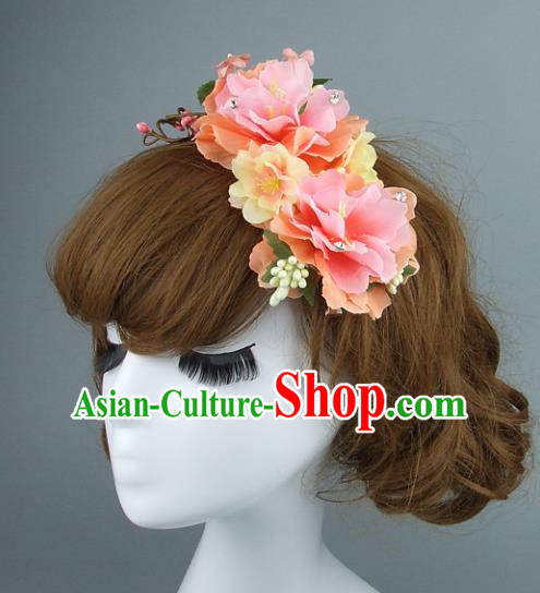 Top Grade Handmade Wedding Hair Accessories Model Show Pink Flowers Hair Stick, Baroque Style Bride Deluxe Headwear for Women