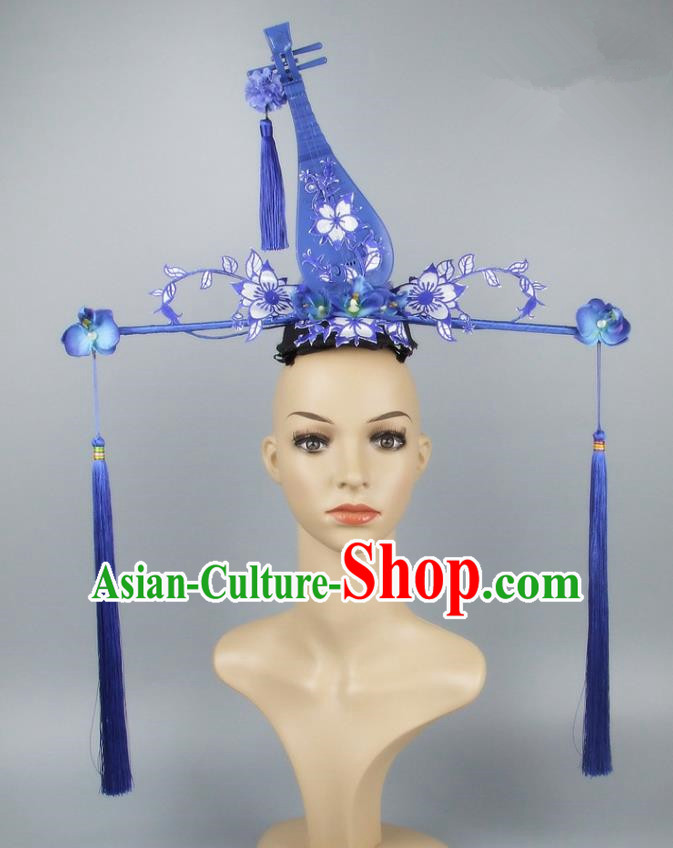 Asian China Theatrical Ornamental Lute Hair Accessories Model Show Headdress, Traditional Chinese Manchu Lady Headwear for Women