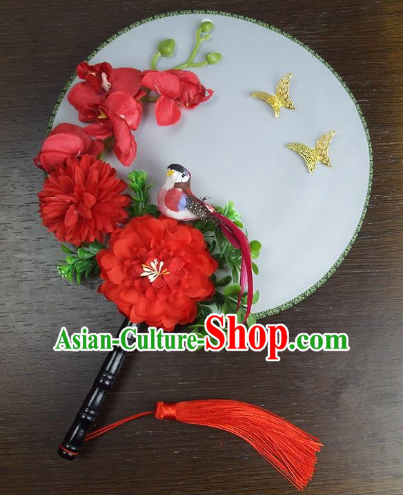 Traditional Handmade Chinese Ancient Wedding Round Fans, Hanfu Palace Lady Red Peony Flowers Bride Mandarin Fans for Women