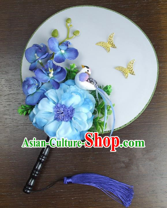 Traditional Handmade Chinese Ancient Wedding Round Fans, Hanfu Palace Lady Blue Peony Flowers Bride Mandarin Fans for Women
