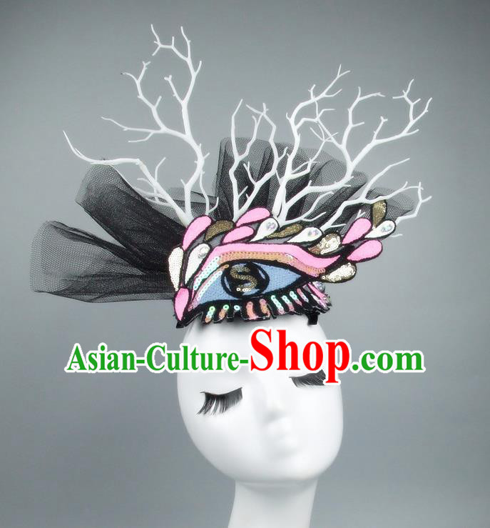 Asian China Black Veil Hair Accessories Model Show Embroidery Headdress, Halloween Ceremonial Occasions Miami Deluxe Headwear