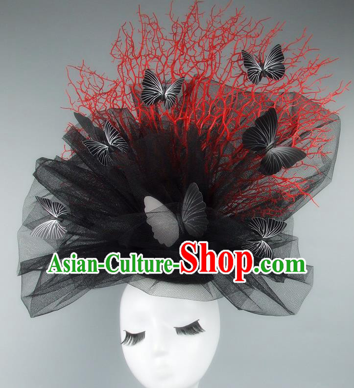 Asian China Exaggerate Red Branch Hair Accessories Model Show Veil Butterfly Headdress, Halloween Ceremonial Occasions Miami Deluxe Headwear