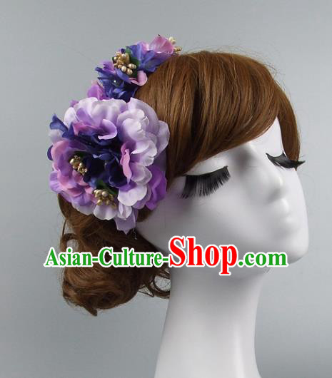 Traditional Handmade Chinese Classical Wedding Hair Accessories, Baroque Bride Purple Flowers Hair Clasp for Women