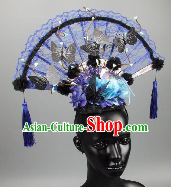 Traditional Handmade Chinese Ancient Hair Accessories, Qin Dynasty Queen Hat Blue Lace Headwear Hair Fascinators Tuinga for Women