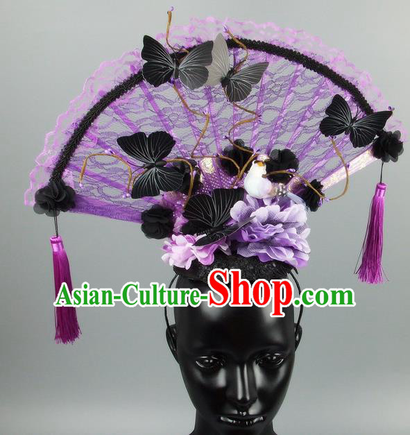 Traditional Handmade Chinese Ancient Hair Accessories, Qin Dynasty Queen Hat Purple Lace Headwear Hair Fascinators Tuinga for Women