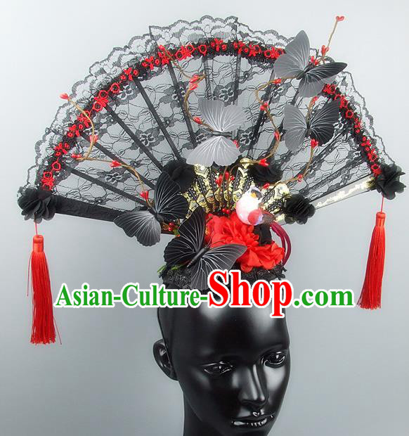 Traditional Handmade Chinese Ancient Hair Accessories, Qin Dynasty Queen Hat Black Lace Headwear Hair Fascinators Tuinga for Women
