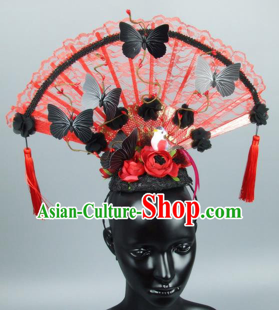 Traditional Handmade Chinese Ancient Hair Accessories, Qin Dynasty Queen Hat Red Lace Headwear Hair Fascinators Tuinga for Women