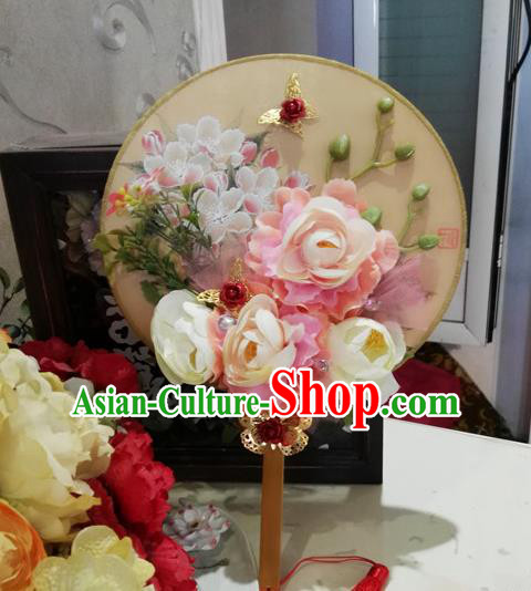 Traditional Handmade Chinese Ancient Wedding Round Fans, Hanfu Palace Lady Bride Champagne Flowers Mandarin Fans for Women