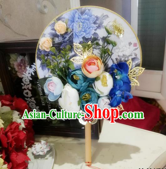 Traditional Handmade Chinese Ancient Wedding Round Fans, Hanfu Palace Lady Bride Blue Rose Flowers Mandarin Fans for Women