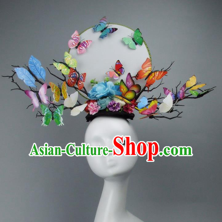 Traditional Handmade Chinese Ancient Hair Accessories, Qin Dynasty Butterfly Hat Headwear Model Show Headdress Tuinga for Women
