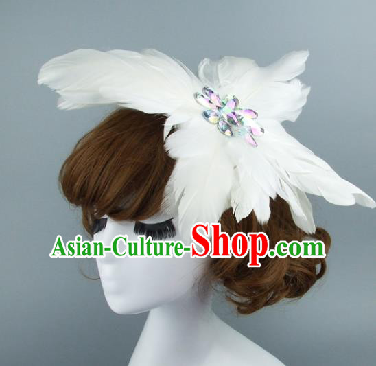 Top Grade Handmade Halloween Hair Accessories Model Show White Feather Hair Stick, Baroque Style Deluxe Headwear for Women
