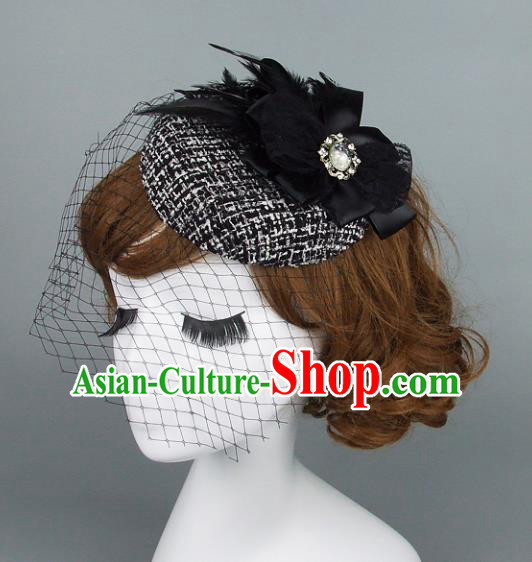 Top Grade Handmade Fancy Ball Hair Accessories Model Show Black Feather Top Hat, Baroque Style Deluxe Headwear for Women