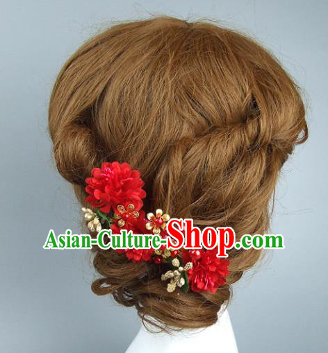 Top Grade Handmade Wedding Hair Accessories Red Flowers Hair Stick, Baroque Style Bride Headwear for Women