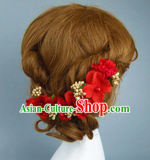 Top Grade Handmade Wedding Hair Accessories Model Show Red Flowers Headdress, Baroque Style Deluxe Headwear for Women