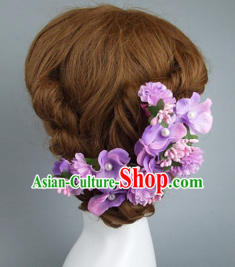Top Grade Handmade Wedding Hair Accessories Purple Flowers Pearls Hair Clasp, Baroque Style Bride Headwear for Women