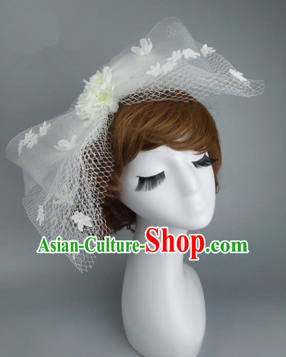 Top Grade Handmade Wedding Hair Accessories White Veil Bowknot Headpiece, Baroque Style Bride Headwear for Women