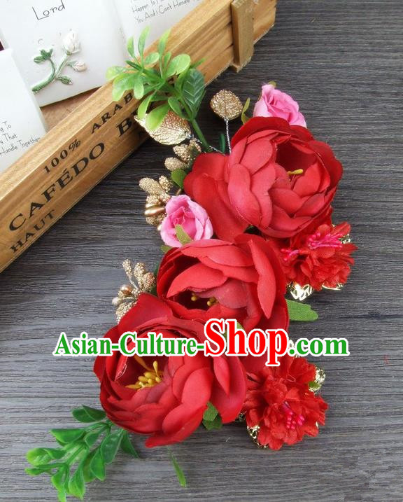 Top Grade Handmade Wedding Hair Accessories Red Silk Rose Flowers Hair Stick Headpiece, Baroque Style Bride Headwear for Women