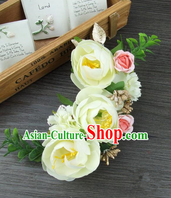 Top Grade Handmade Wedding Hair Accessories Yellow Silk Rose Flowers Hair Stick Headpiece, Baroque Style Bride Headwear for Women