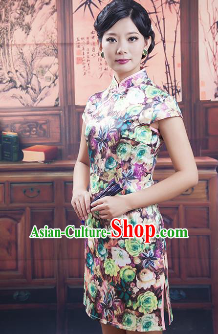 Traditional Chinese National Costume Tang Suit Short Silk Qipao, China Ancient Cheongsam Printing Chirpaur Dress for Women