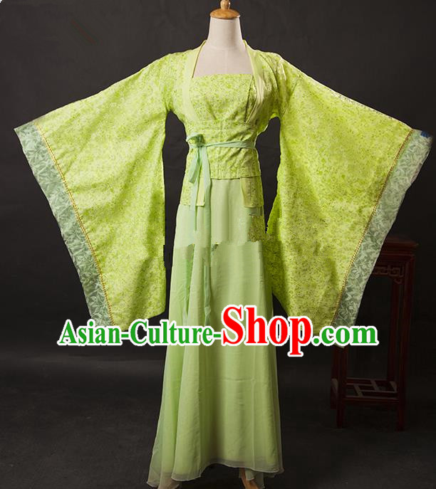 Asian China Ancient Tang Dynasty Palace Lady Costume, Traditional Chinese Hanfu Embroidered Green Dress Clothing for Women