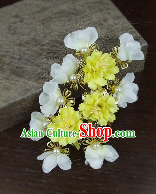 Top Grade Handmade Wedding Hair Accessories Headdress Yellow Silk Flowers, Baroque Style Bride Pearls Headwear for Women