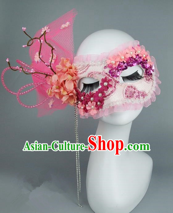 Top Grade Handmade Exaggerate Fancy Ball Accessories Model Show Pink Veil Bowknot Mask, Halloween Ceremonial Occasions Face Mask