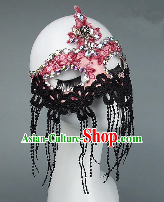 Top Grade Handmade Exaggerate Fancy Ball Model Show Lace Tassel Crystal Mask, Halloween Ceremonial Occasions Face Mask