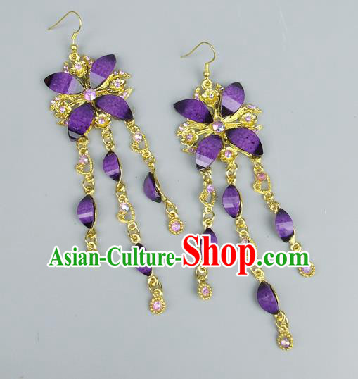 Top Grade Wedding Accessories Vintage Tassel Earrings, Baroque Style Handmade Bride Purple Crystal Butterfly Eardrop for Women