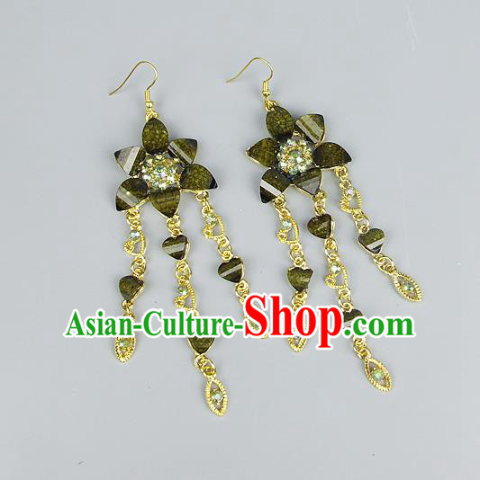 Top Grade Wedding Accessories Vintage Tassel Earrings, Baroque Style Handmade Bride Green Crystal Flower Eardrop for Women
