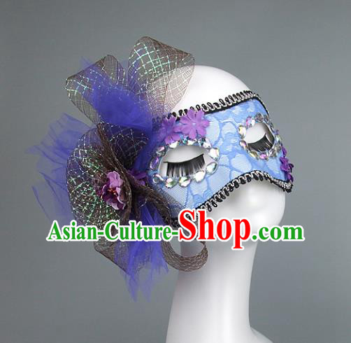 Top Grade Handmade Exaggerate Fancy Ball Accessories Model Show Blue Lace Bowknot Mask, Halloween Ceremonial Occasions Face Mask