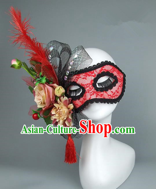 Top Grade Handmade Exaggerate Fancy Ball Accessories Red Lace Mask, Halloween Model Show Ceremonial Occasions Face Mask